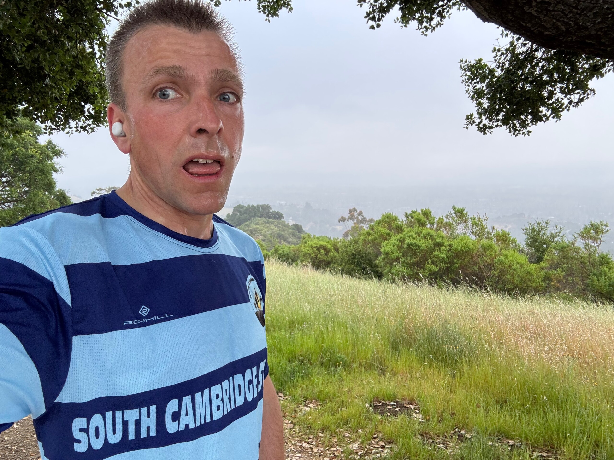 Adrian in a bi-colour blue running vest, sweaty because he has run up a hill